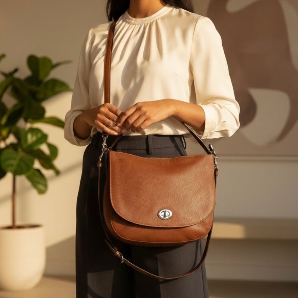 Coach Turnlock Hobo Bag in Light Saddle Pebble Leather - Picture 2 of 8